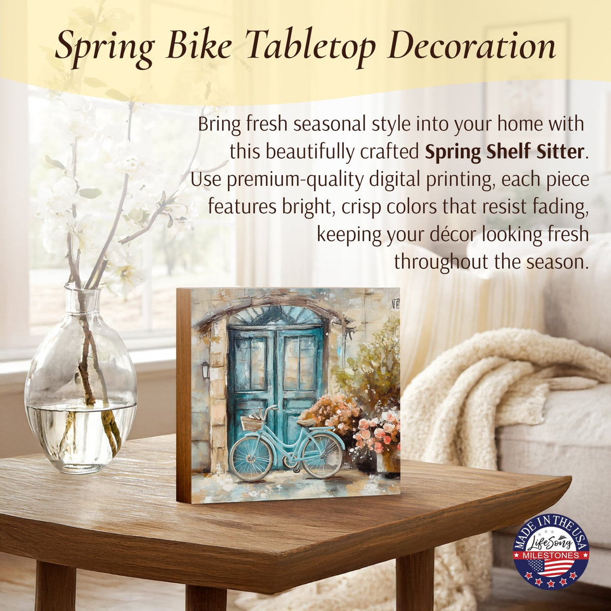 Spring Bike Shelf Sitter - Rustic Wooden Home Décor for Farmhouse & Seasonal Display - LifeSong Milestones