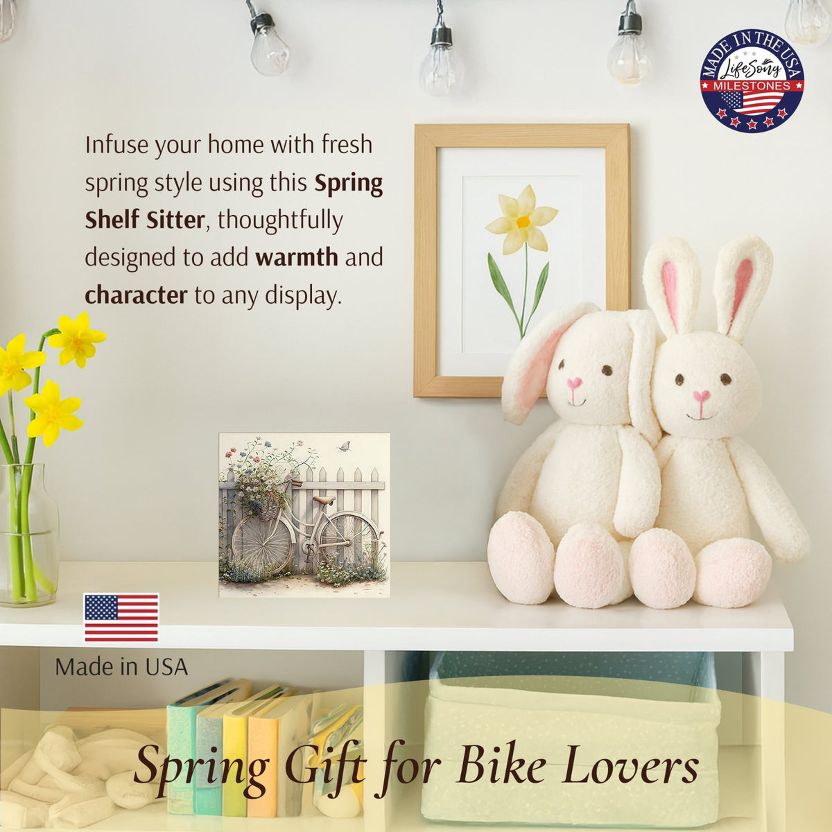 Spring Bike Shelf Sitter - Rustic Wooden Home Décor for Farmhouse & Seasonal Display - LifeSong Milestones