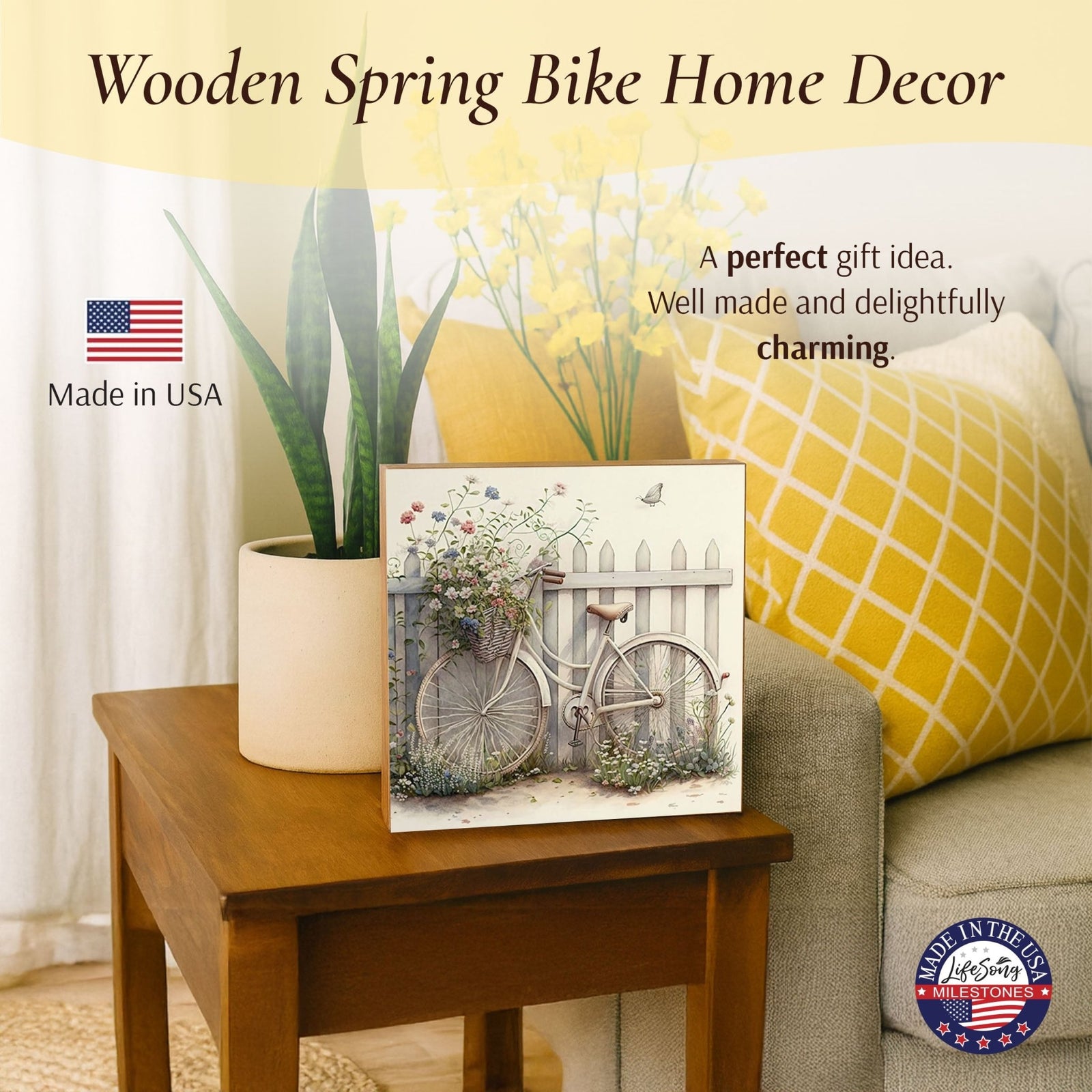 Spring Bike Shelf Sitter - Rustic Wooden Home Décor for Farmhouse & Seasonal Display - LifeSong Milestones