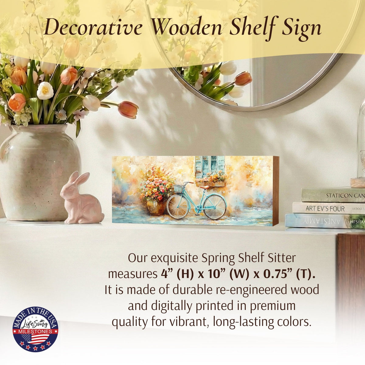Spring Bike Shelf Sitter - Rustic Wooden Home Décor for Farmhouse & Seasonal Display - LifeSong Milestones