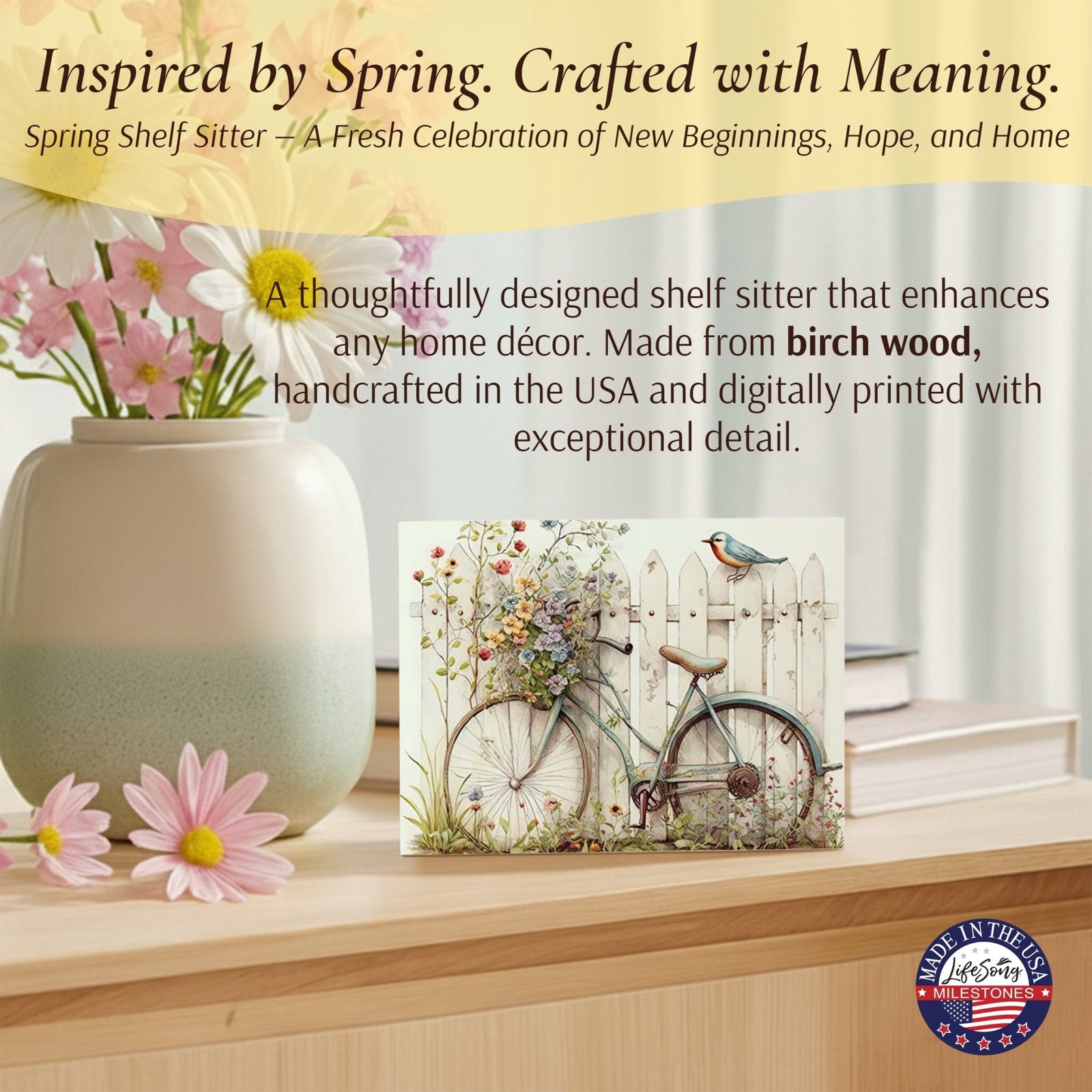 Spring Bike Shelf Sitter - Rustic Wooden Home Décor for Farmhouse & Seasonal Display - LifeSong Milestones