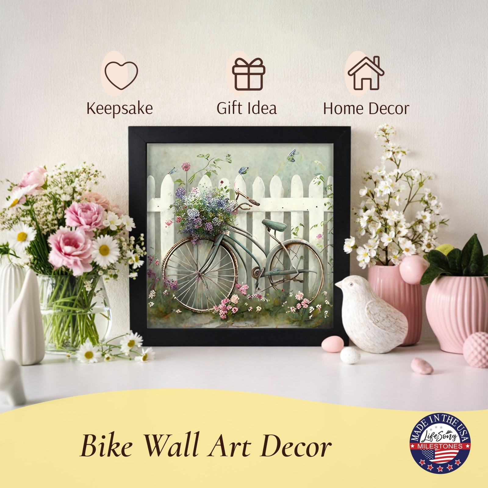 Spring Bike Wall Art Print - Rustic Framed Wood Sign 20x20 for Home & Wall Décor - LifeSong Milestones