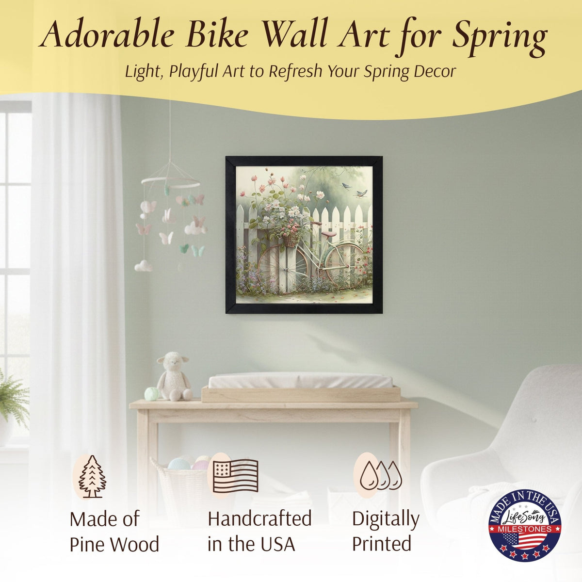 Spring Bike Wall Art Print - Rustic Framed Wood Sign 20x20 for Home & Wall Décor - LifeSong Milestones