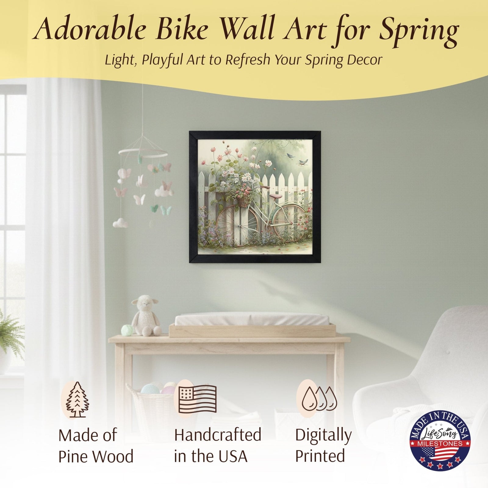 Spring Bike Wall Art Print - Rustic Framed Wood Sign 20x20 for Home & Wall Décor - LifeSong Milestones