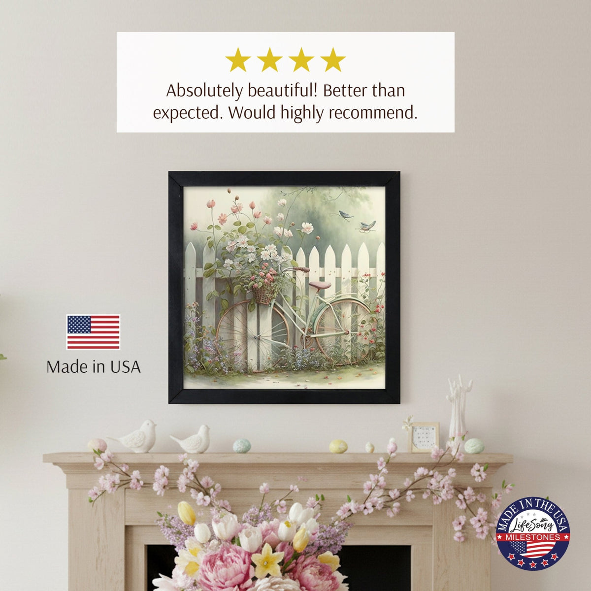 Spring Bike Wall Art Print - Rustic Framed Wood Sign 20x20 for Home & Wall Décor - LifeSong Milestones
