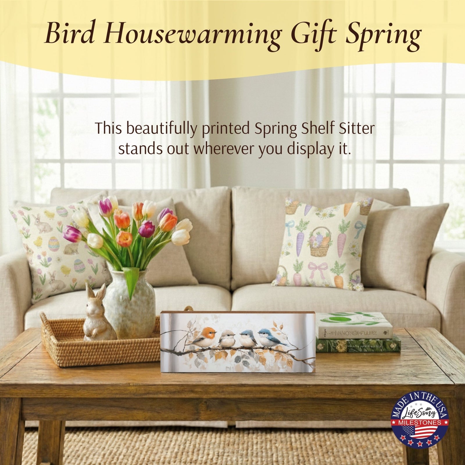 Spring Bird Shelf Sitter 10x4 — Wide Wooden Mantel & Tabletop Décor | 3 Nature Designs - LifeSong Milestones