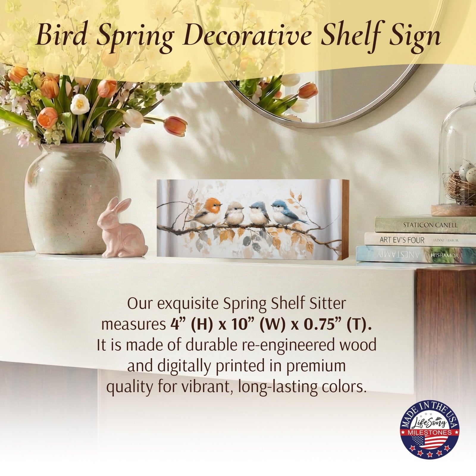 Spring Bird Shelf Sitter 10x4 — Wide Wooden Mantel & Tabletop Décor | 3 Nature Designs - LifeSong Milestones