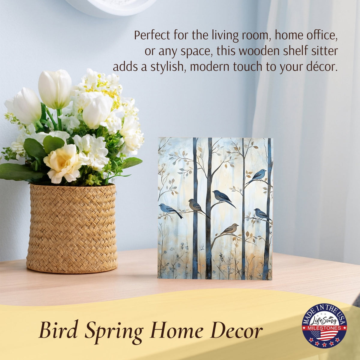 Spring Bird Tabletop Décor — Handcrafted Wood Shelf Sitter for Home & Mantel Display - LifeSong Milestones