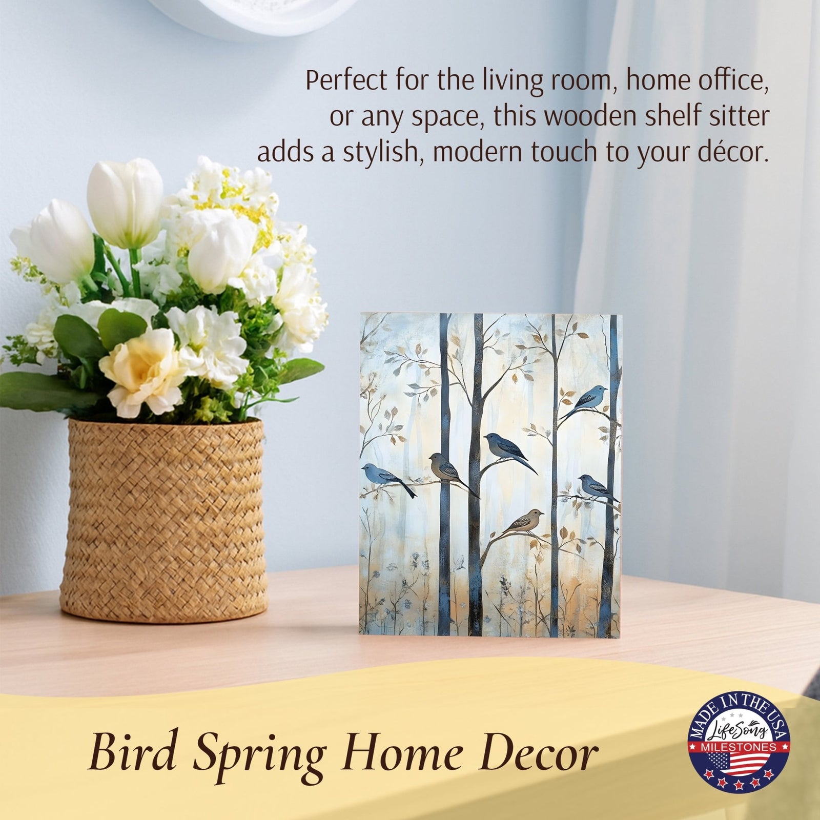 Spring Bird Tabletop Décor — Handcrafted Wood Shelf Sitter for Home & Mantel Display - LifeSong Milestones