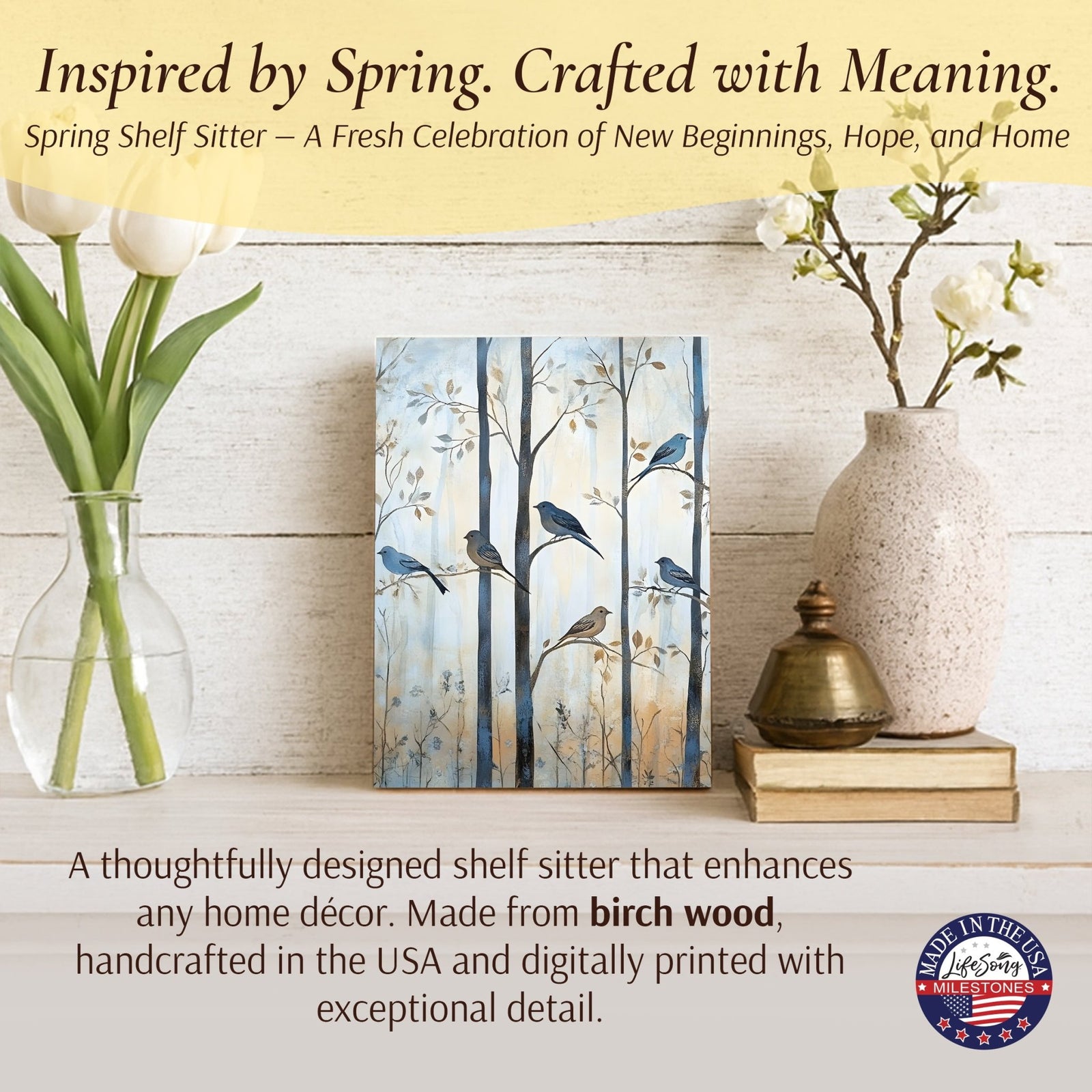 Spring Bird Tabletop Décor — Handcrafted Wood Shelf Sitter for Home & Mantel Display - LifeSong Milestones