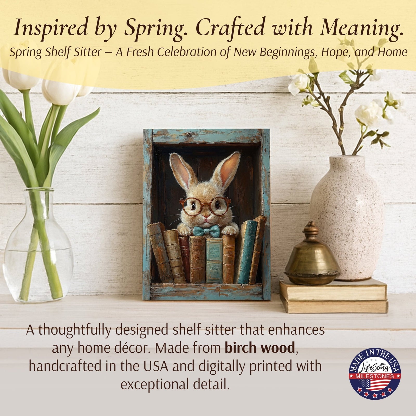 Spring Bunny Shelf Sitter 4.5x6 — Handcrafted Birch Wood Easter Shelf Décor | Bunny Gift for Her - LifeSong Milestones
