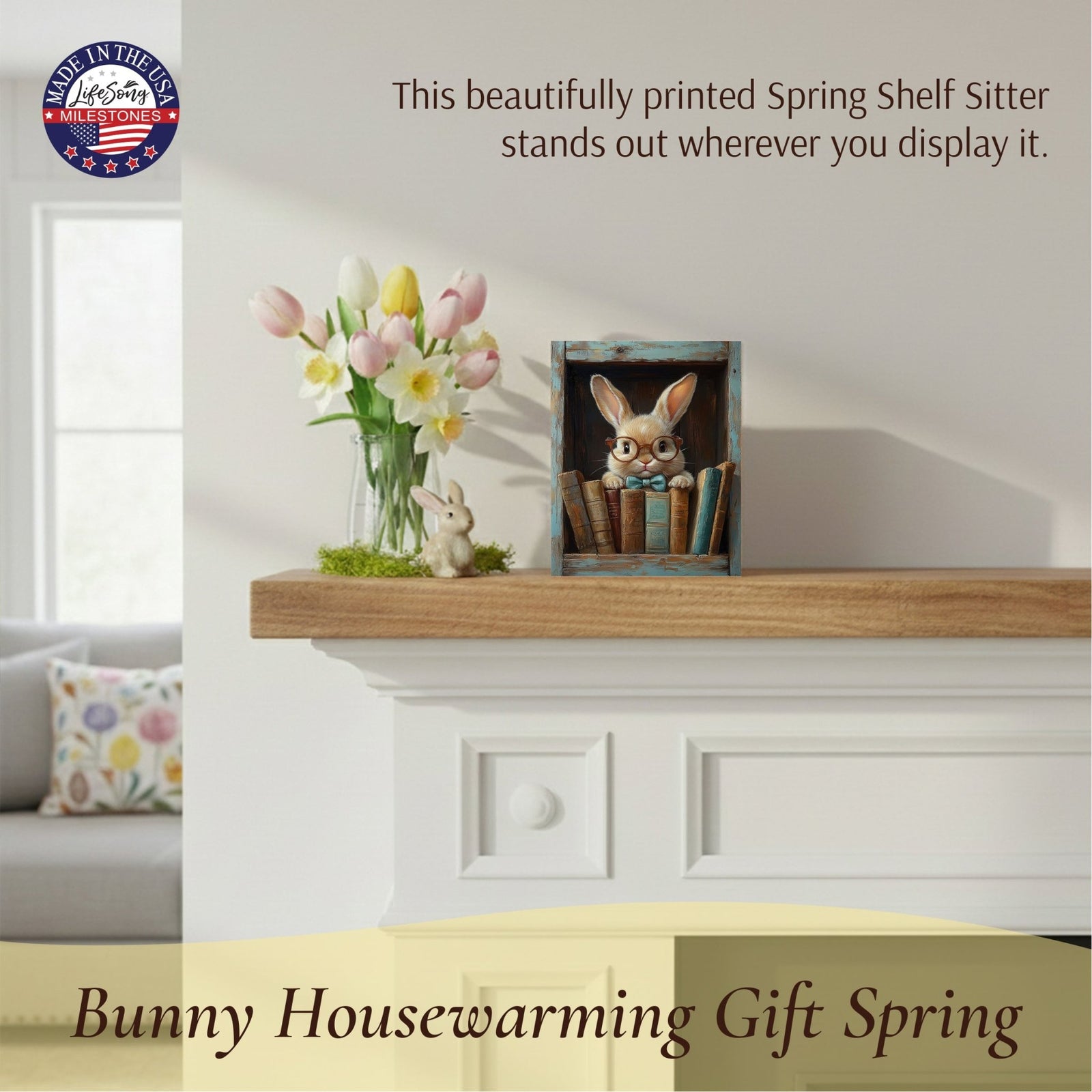 Spring Bunny Shelf Sitter 4.5x6 — Handcrafted Birch Wood Easter Shelf Décor | Bunny Gift for Her - LifeSong Milestones
