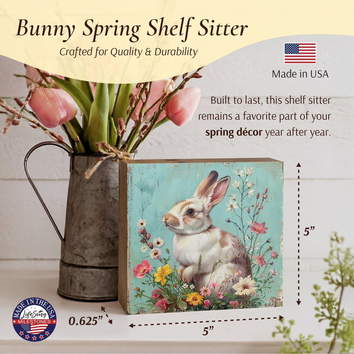 Spring Bunny Shelf Sitter 5x5 — Handcrafted Birch Wood Easter Tiered Tray Décor | Bunny Gift for Her - LifeSong Milestones
