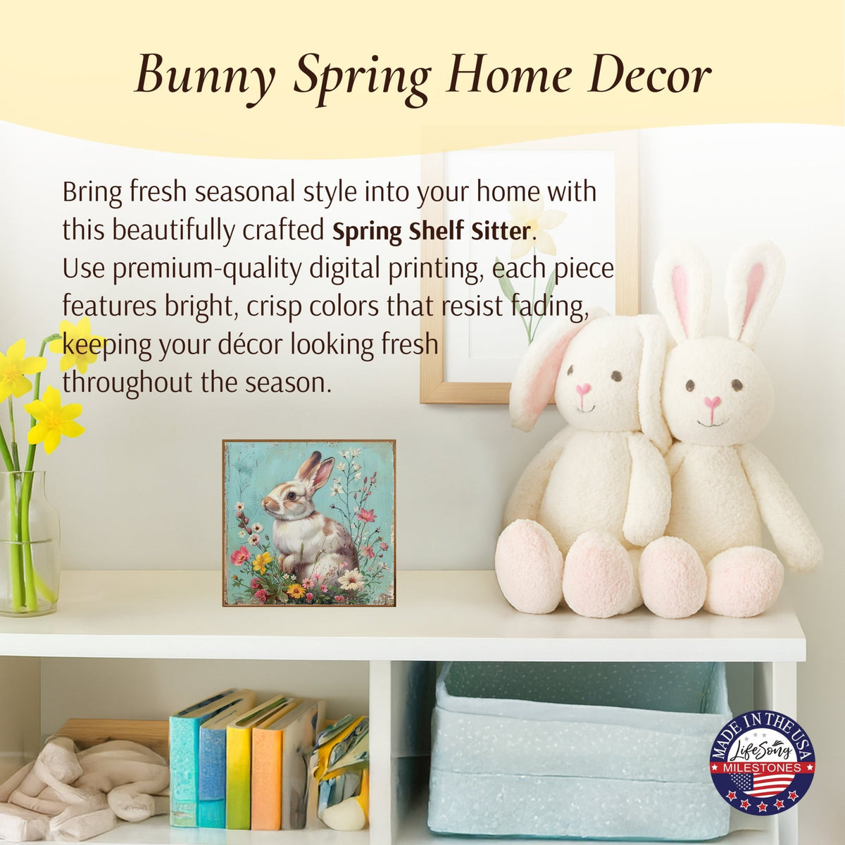 Spring Bunny Shelf Sitter 5x5 — Handcrafted Birch Wood Easter Tiered Tray Décor | Bunny Gift for Her - LifeSong Milestones