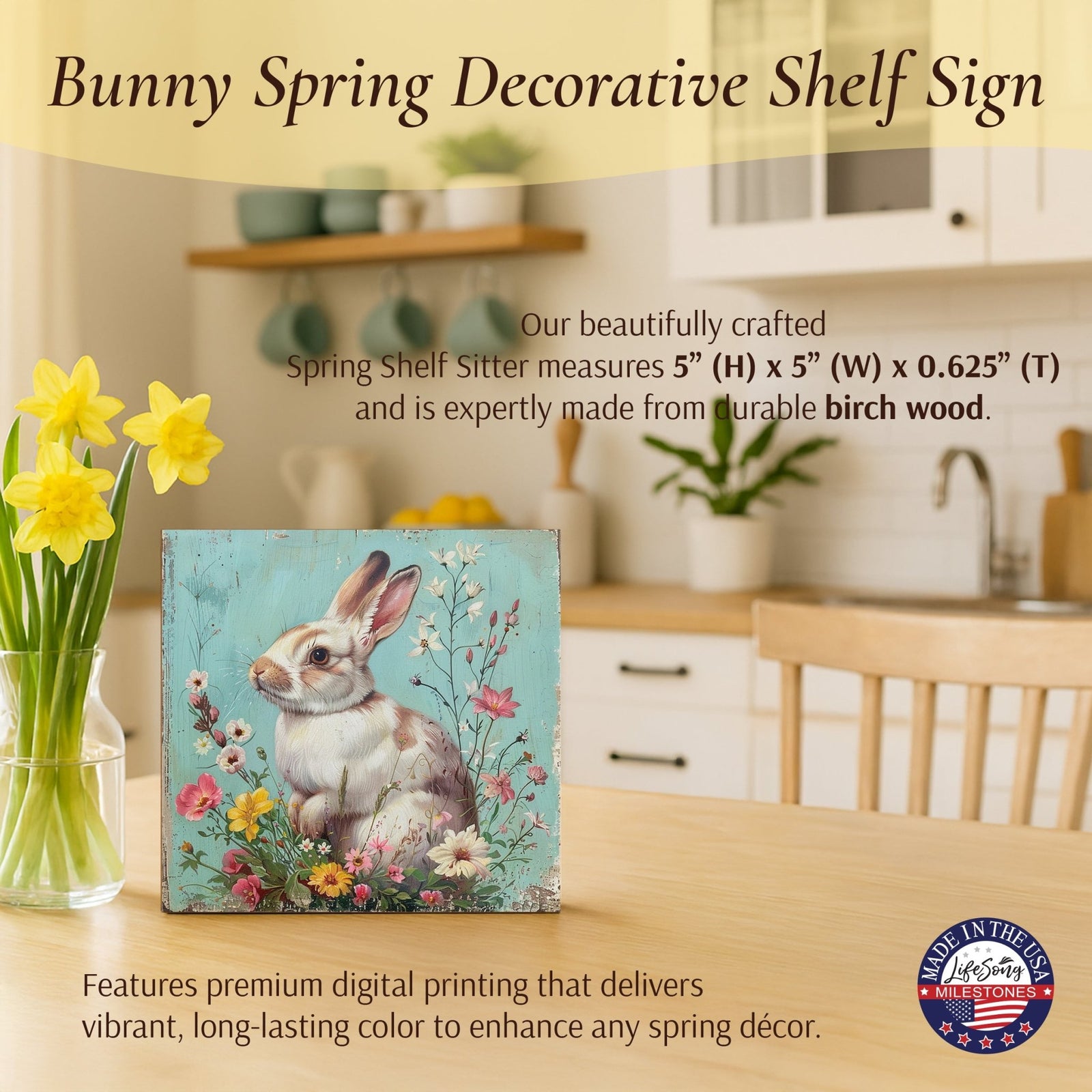 Spring Bunny Shelf Sitter 5x5 — Handcrafted Birch Wood Easter Tiered Tray Décor | Bunny Gift for Her - LifeSong Milestones
