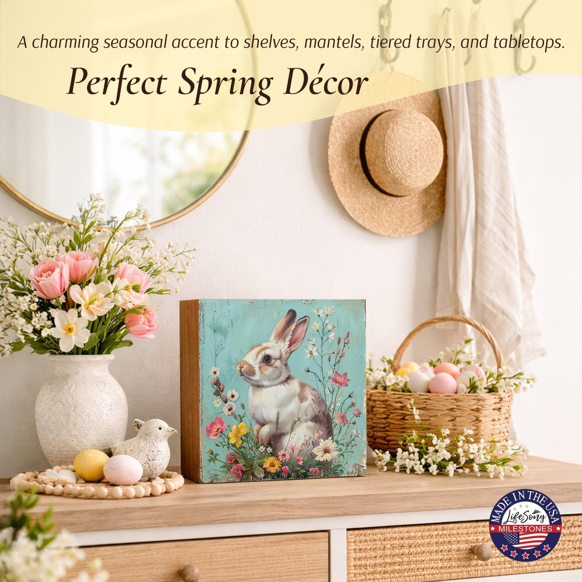 Spring Bunny Shelf Sitter 5x5 — Handcrafted Birch Wood Easter Tiered Tray Décor | Bunny Gift for Her - LifeSong Milestones