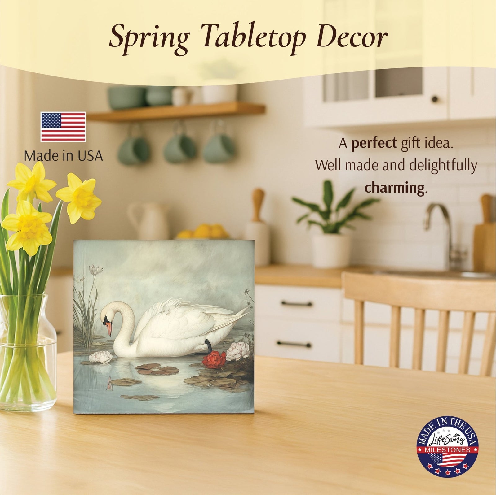 Swan Shelf Sitter 5x5 — Square Birch Wood Elegant Nature Décor for Tiered Tray & Shelf | Swan Gift - LifeSong Milestones