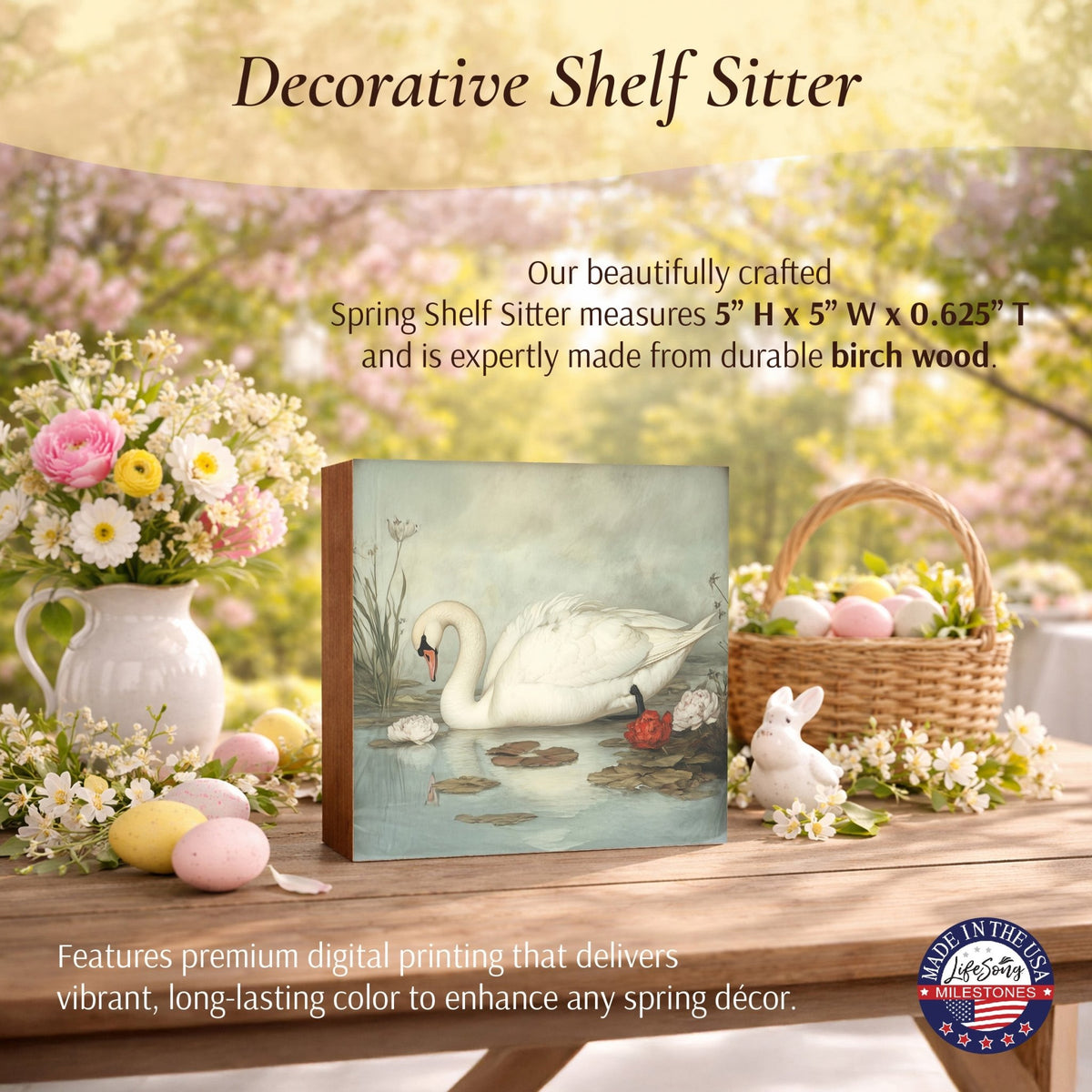 Swan Shelf Sitter 5x5 — Square Birch Wood Elegant Nature Décor for Tiered Tray & Shelf | Swan Gift - LifeSong Milestones