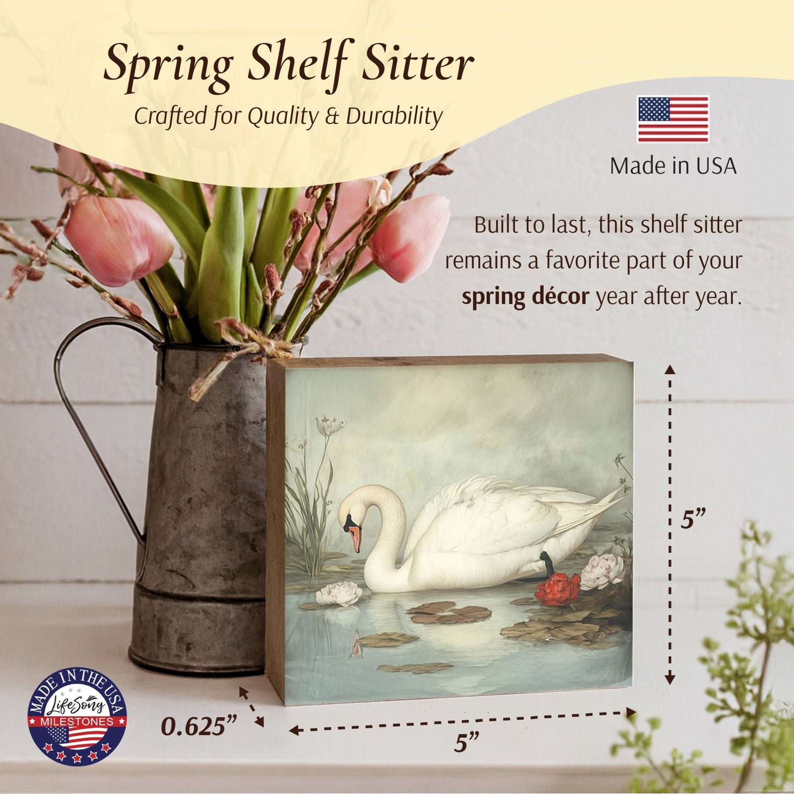 Swan Shelf Sitter 5x5 — Square Birch Wood Elegant Nature Décor for Tiered Tray & Shelf | Swan Gift - LifeSong Milestones