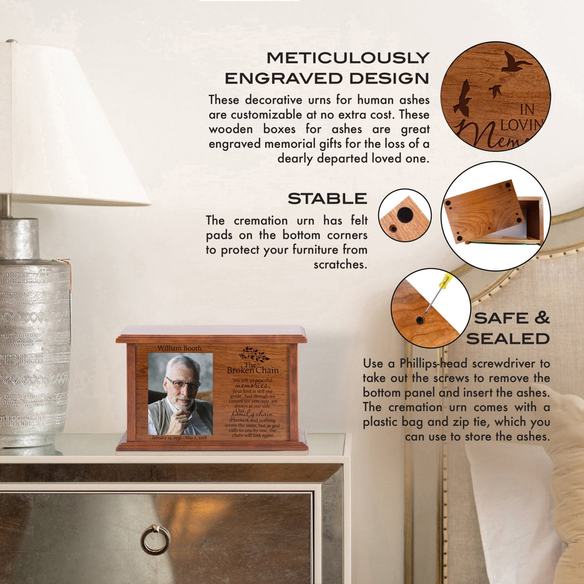 The Broken Chain Wooden Personalized Photograph Cremation Urn for Adult - The Broken Chain - LifeSong Milestones