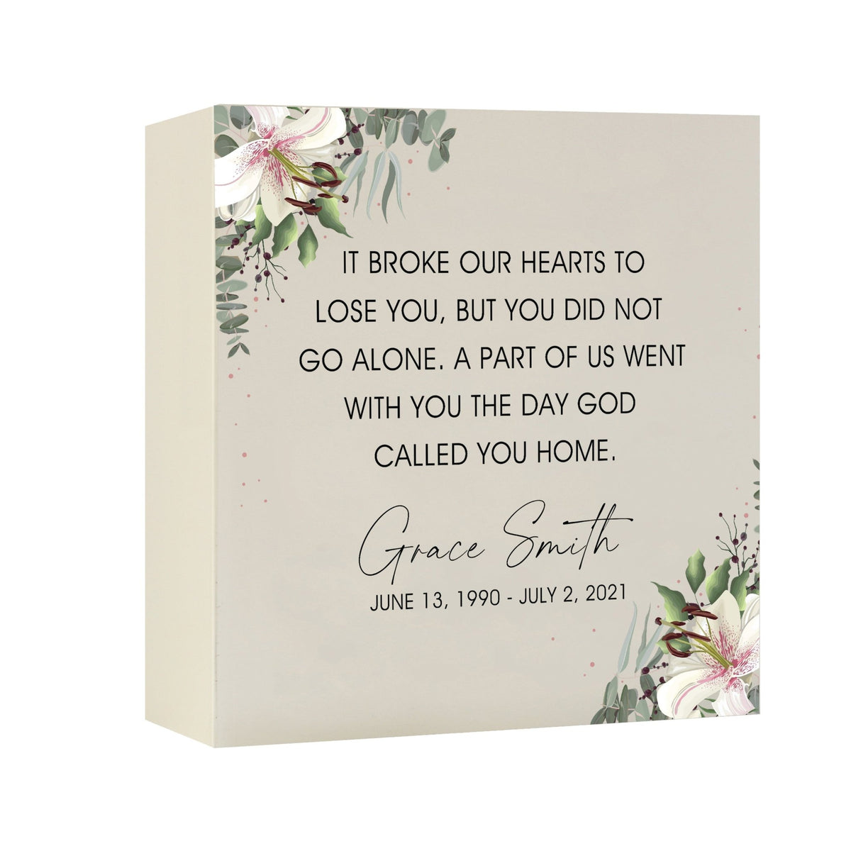 Timeless Human Memorial Shadow Box Urn With Inspirational Verse in Ivory - It Broke Our Hearts - LifeSong Milestones