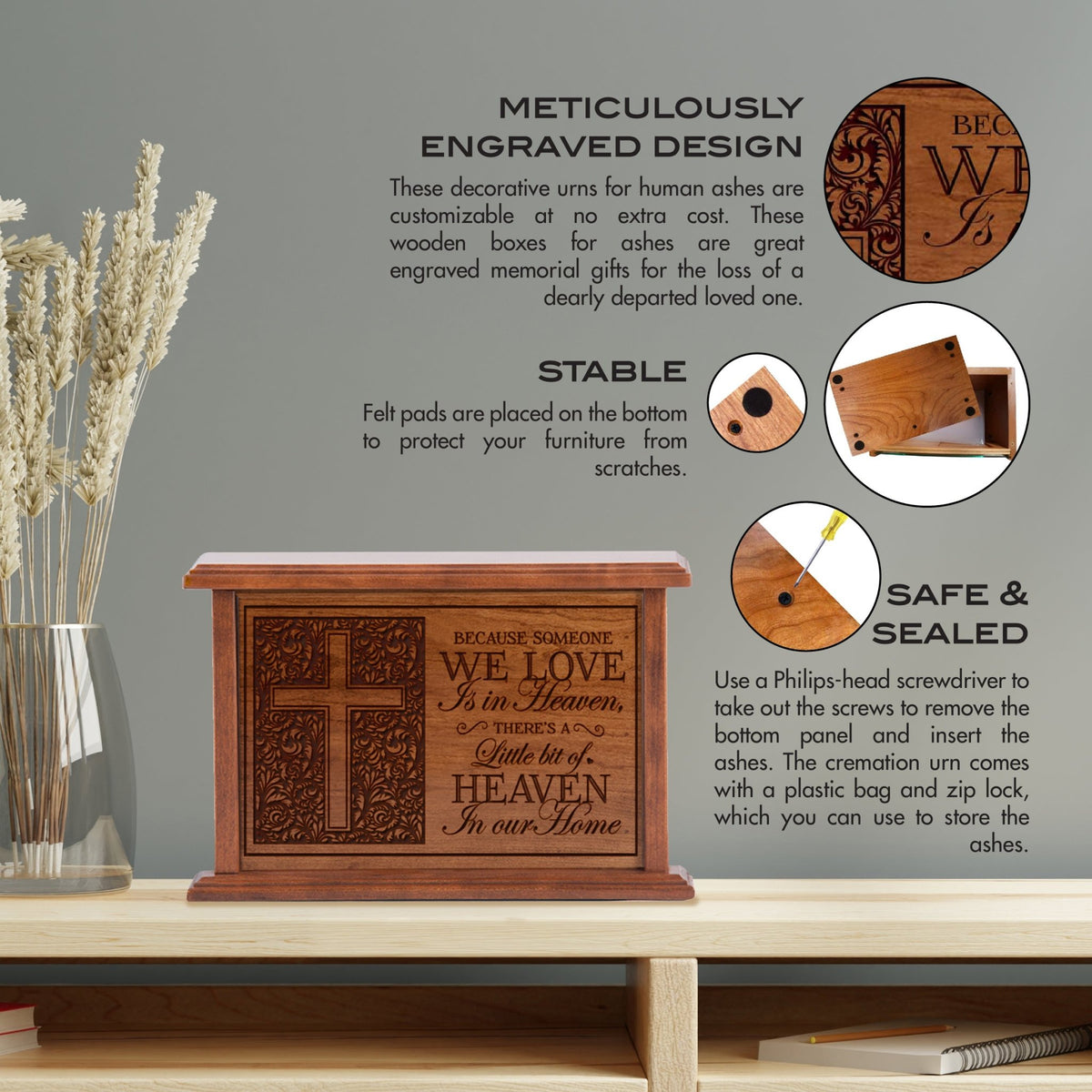 Unique Cremation Wooden Urn Box for Human Ashes - Because Someone We Love - LifeSong Milestones