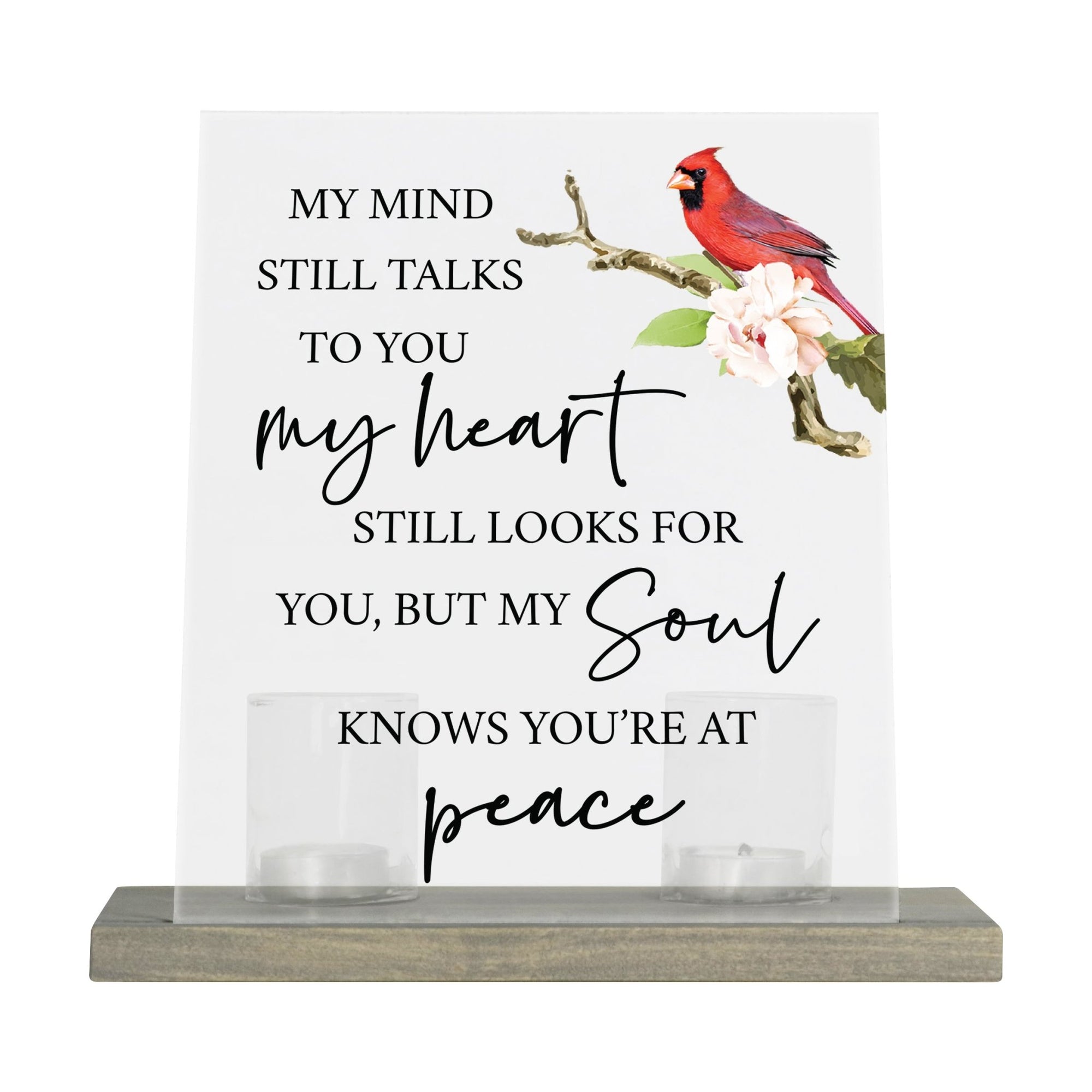 Vintage Memorial Cardinal Acrylic Sign Candle Holder With Wood Base And Glass Votives For Home Décor | My Mind Still Talks - LifeSong Milestones