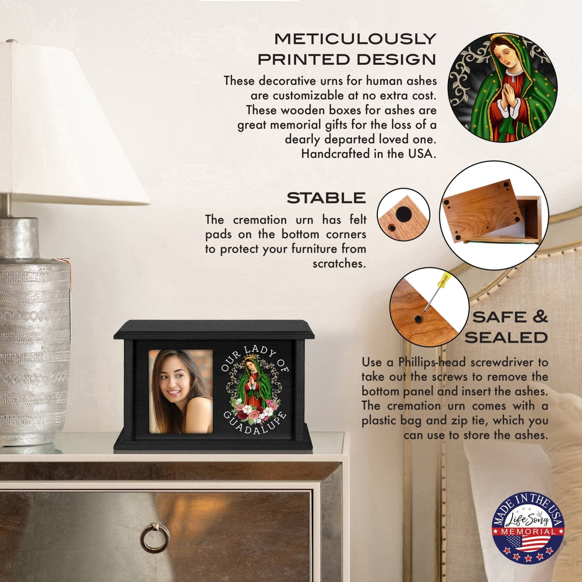 Virgin Lady of Guadalupe Memorial Cremation Horizontal Urn For Adult Human Ashes In Spanish - LifeSong Milestones