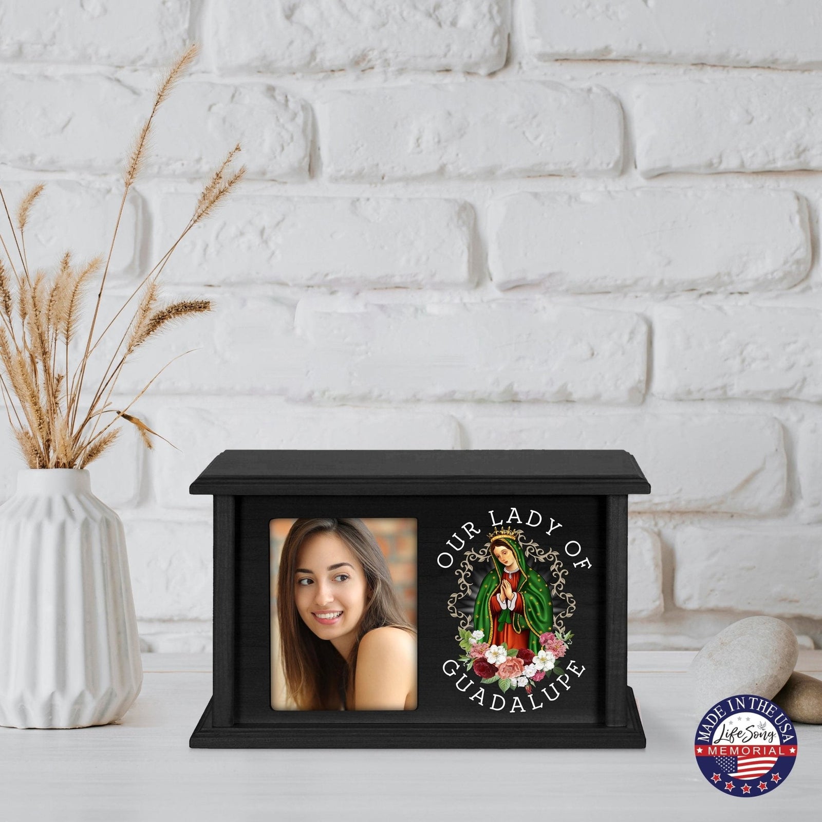 Virgin Lady of Guadalupe Memorial Cremation Horizontal Urn For Adult Human Ashes In Spanish - LifeSong Milestones