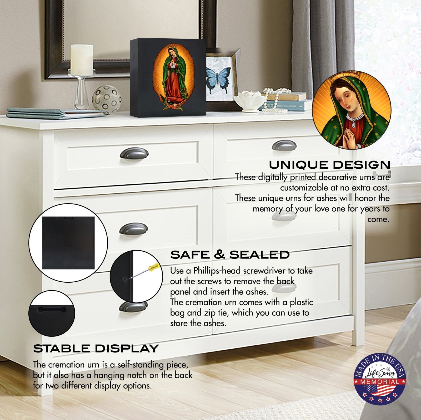 Virgin Lady of Guadalupe Memorial Cremation Shadow Box Urn For Adult Human Ashes In Spanish - LifeSong Milestones