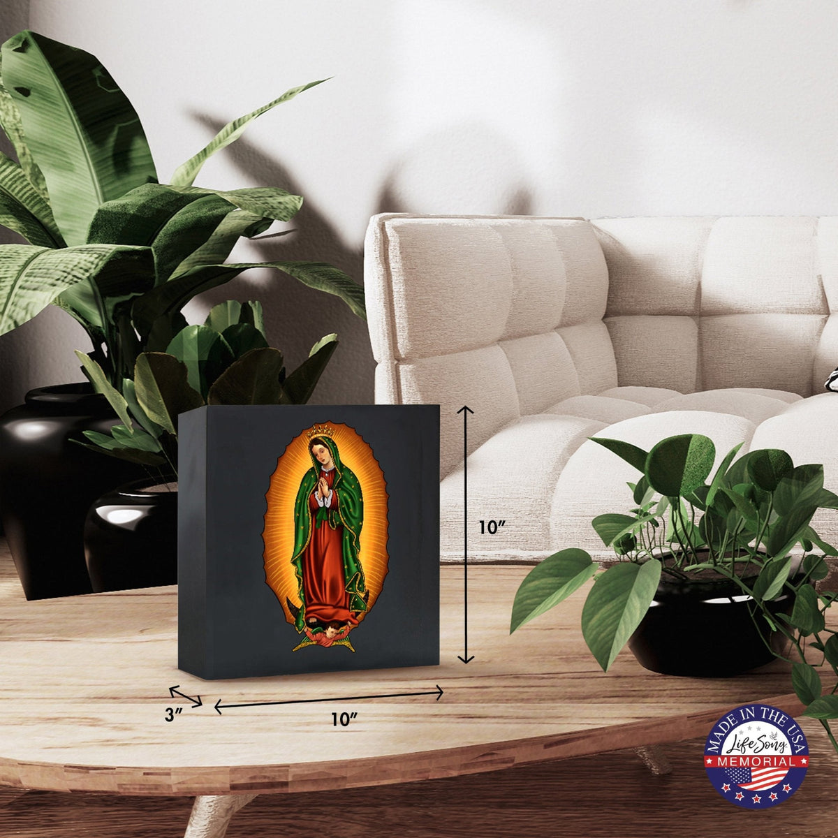 Virgin Lady of Guadalupe Memorial Cremation Shadow Box Urn For Adult Human Ashes In Spanish - LifeSong Milestones