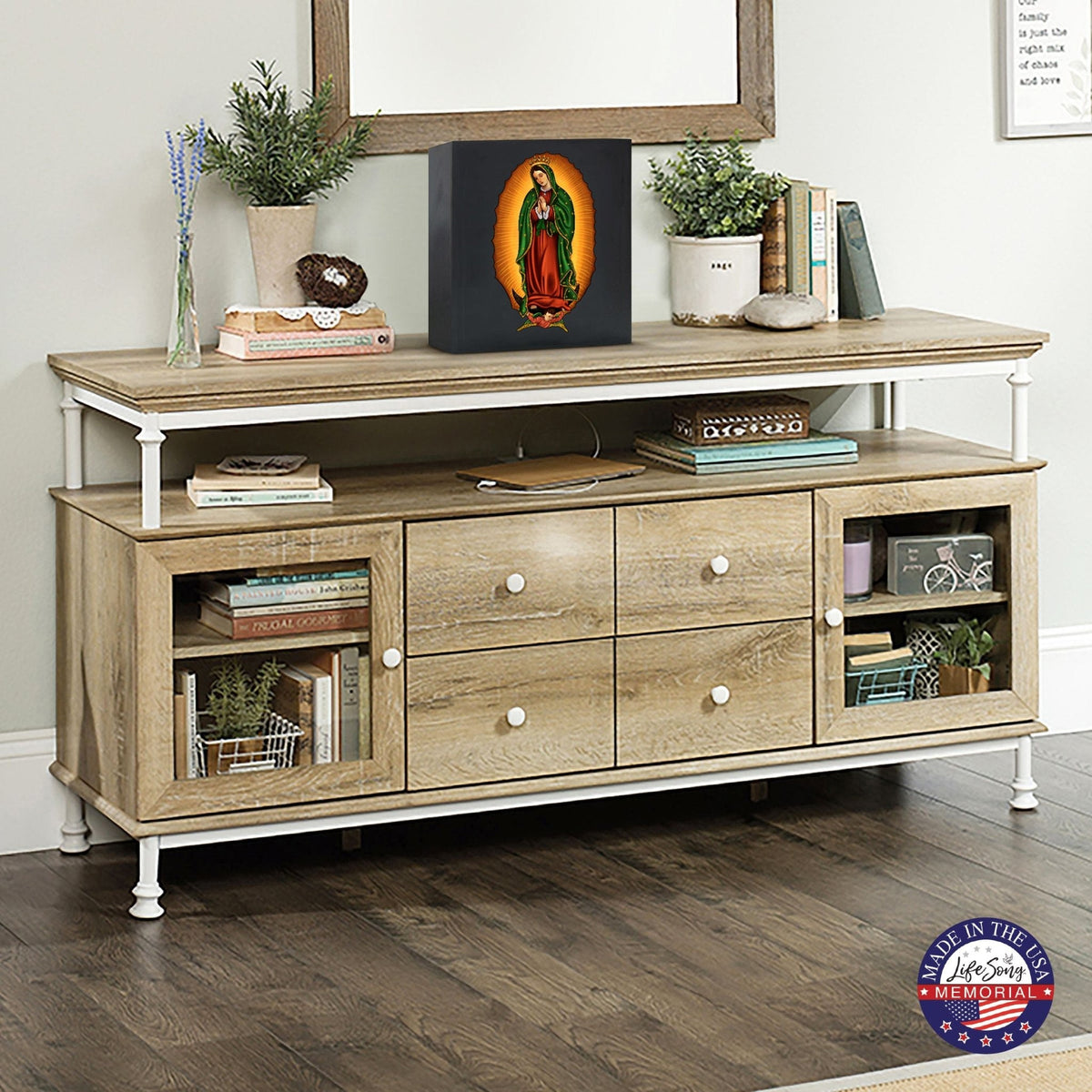 Virgin Lady of Guadalupe Memorial Cremation Shadow Box Urn For Adult Human Ashes In Spanish - LifeSong Milestones