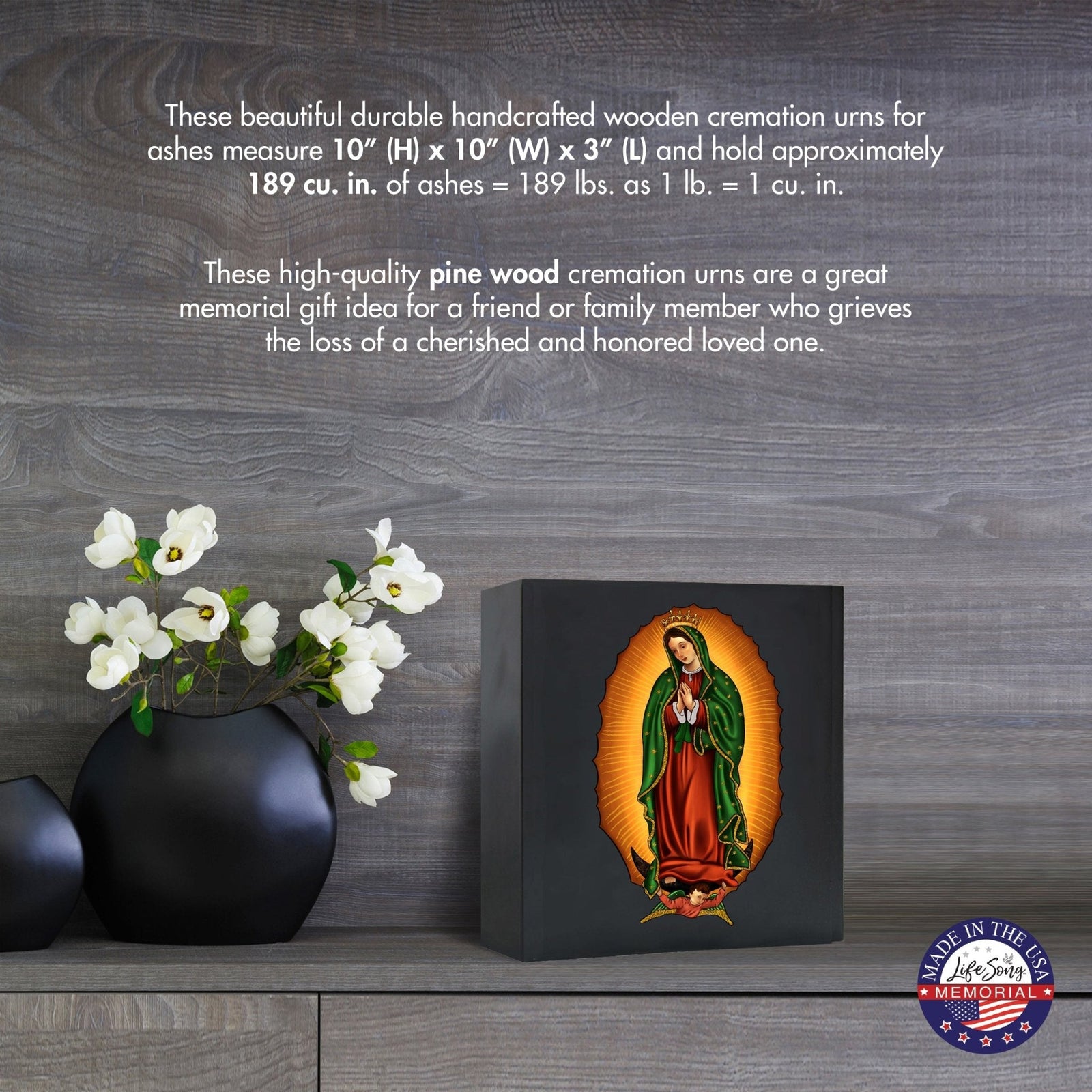 Virgin Lady of Guadalupe Memorial Cremation Shadow Box Urn For Adult Human Ashes In Spanish - LifeSong Milestones