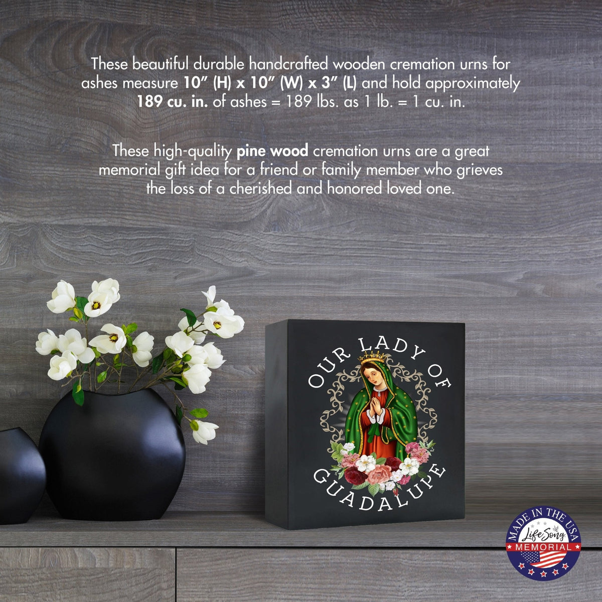 Virgin Lady of Guadalupe Memorial Cremation Shadow Box Urn For Adult Human Ashes In Spanish - LifeSong Milestones