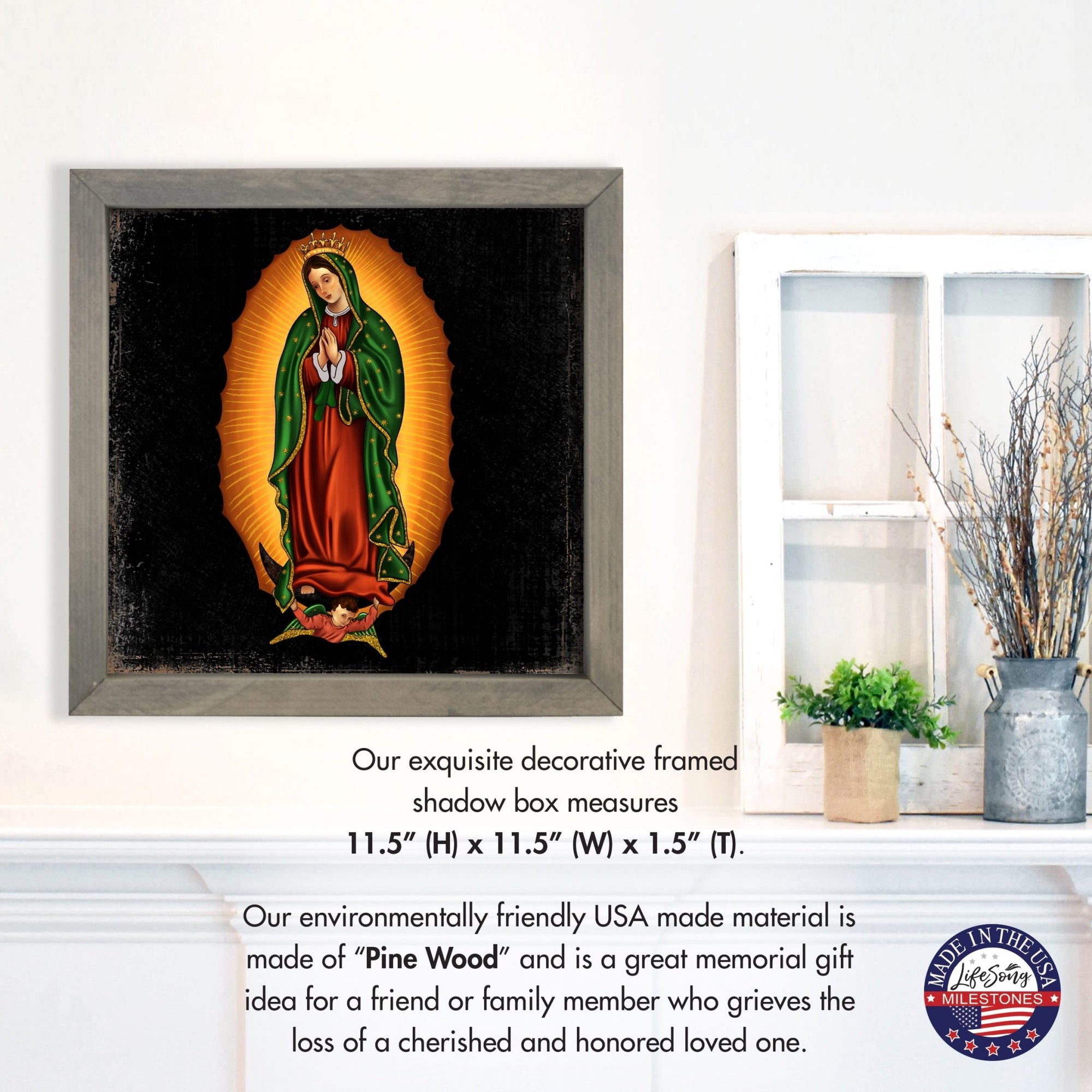 Virgin Lady of Guadalupe Memorial Grey Framed Shadow Box Sympathy Keepsake For Adults In Spanish - LifeSong Milestones