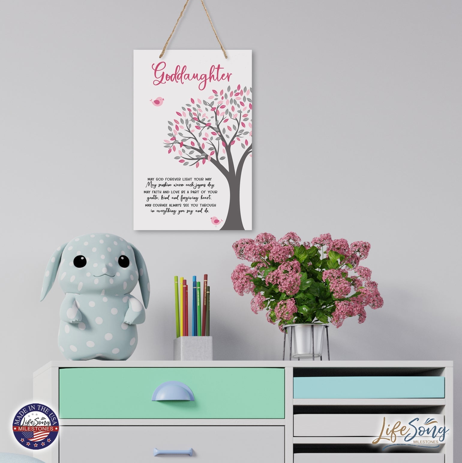 Wall Hanging Rope Signs Baptism Gifts for Girls - Goddaughter May God Forever Light - LifeSong Milestones