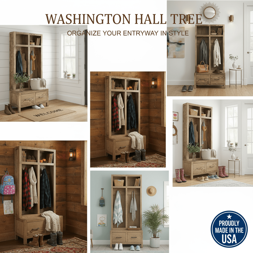 Washington Wooden Hall Tree Bench - Entryway Organizer with Shoe Storage, Coat Rack & Seating for Mudroom - LifeSong Milestones