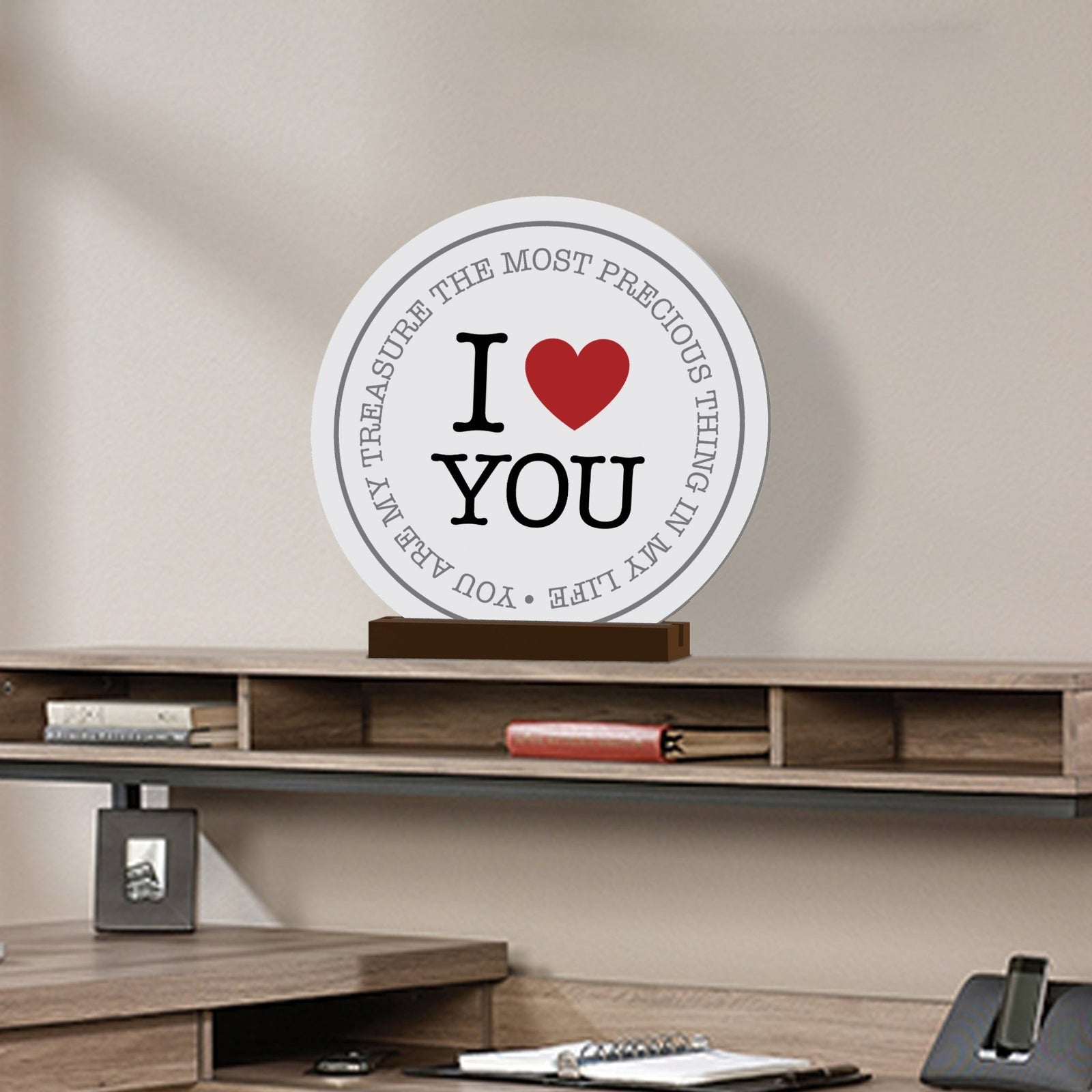 White Round Sign With Wooden Base For Husbands/Boyfriends Gift Ideas - I ♥ You - LifeSong Milestones
