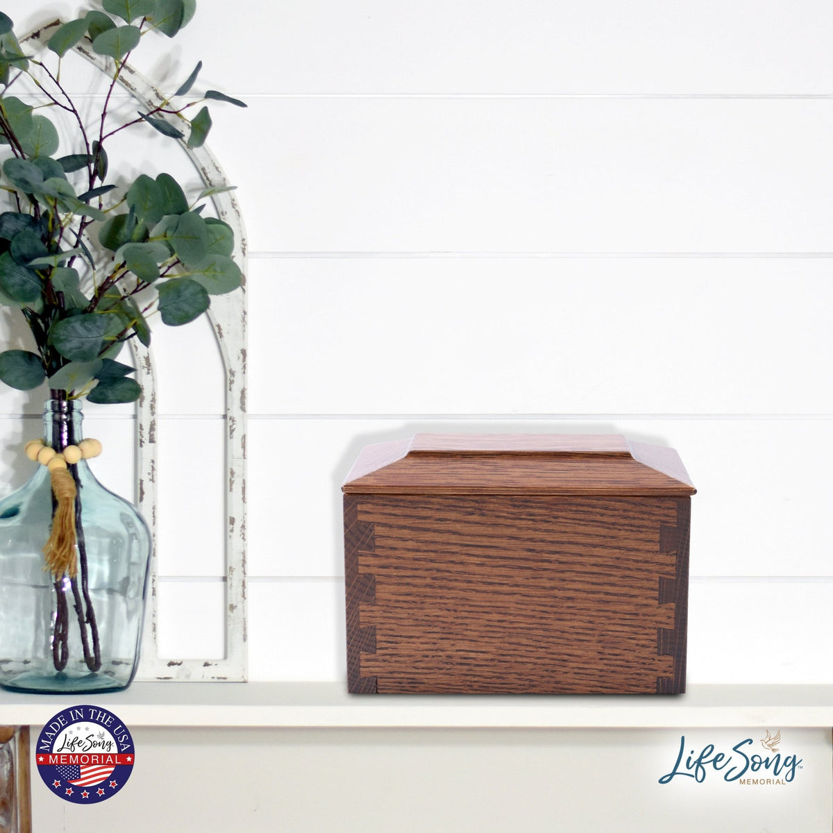Wood Cremation Urn Box for Human Ashes| Dovetail Urn Light Quarter Sawn White Oak - LifeSong Milestones