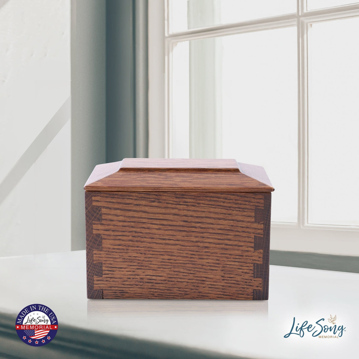 Wood Cremation Urn Box for Human Ashes| Dovetail Urn Light Quarter Sawn White Oak - LifeSong Milestones