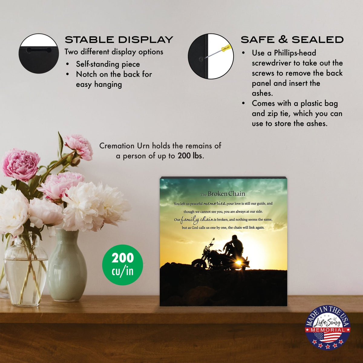 Wood Keepsake Urn for Human Ashes – The Broken Chain Poem – Wooden Funeral Memorial Display - LifeSong Milestones