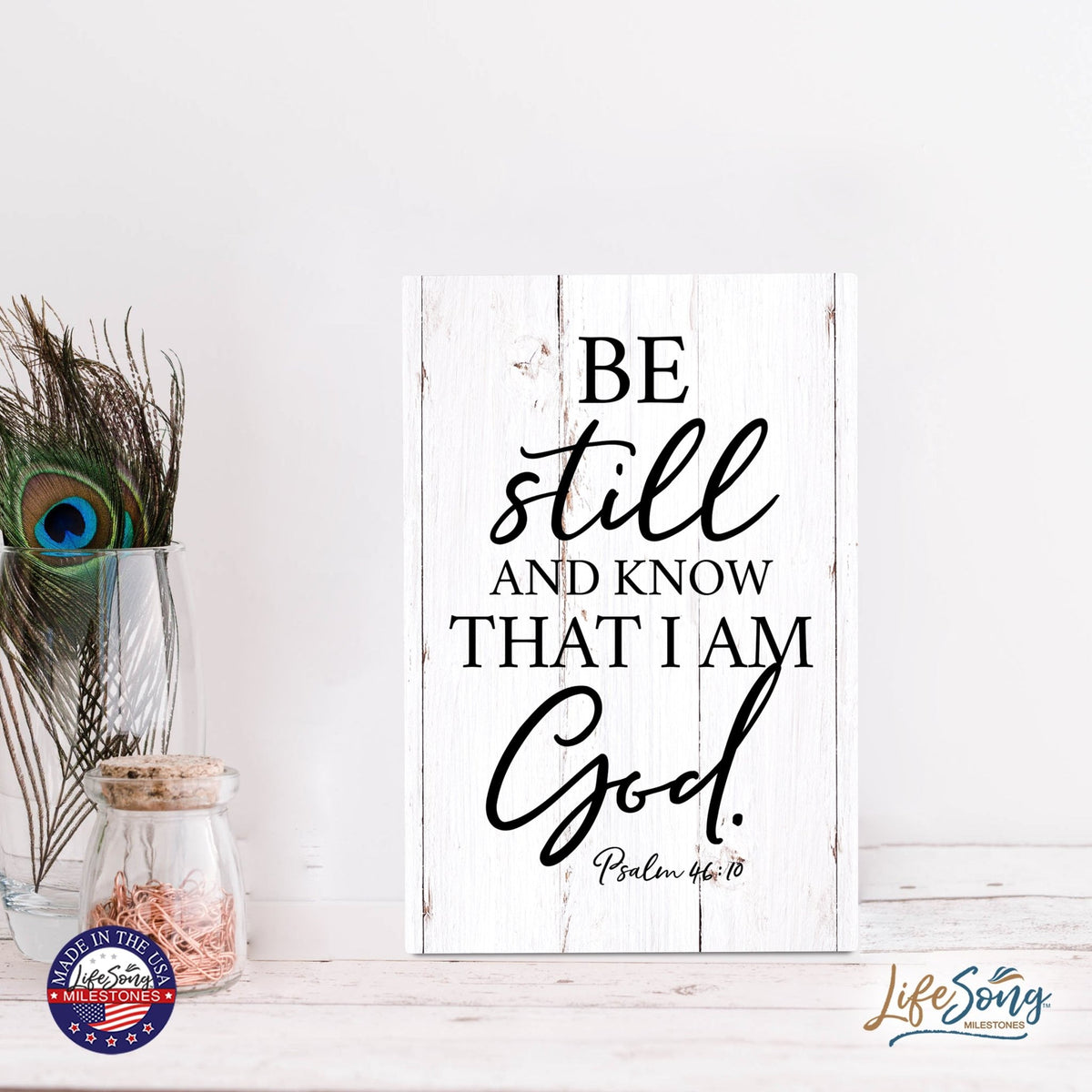Wood Wall Sign with Inspirational Bible Verse Be Still And Know Table Top Home Office Desk Decoration 5.5x8in - LifeSong Milestones