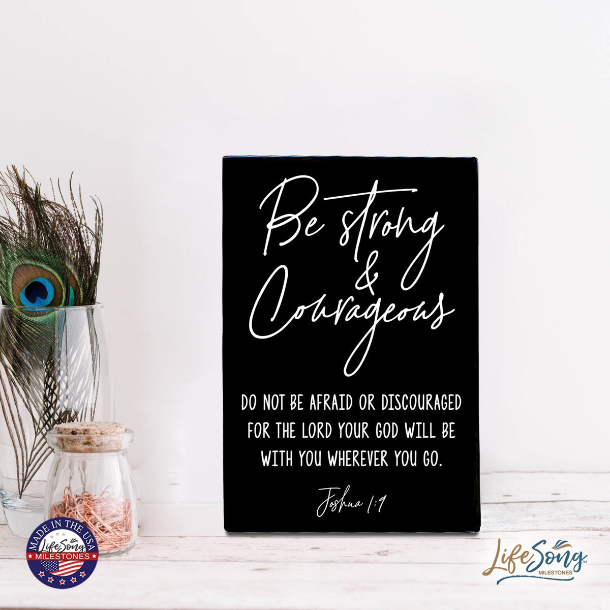 Wood Wall Sign with Inspirational Bible Verse Be Strong & Courageous Table Top Home Office Desk Decoration 5.5x8in - LifeSong Milestones