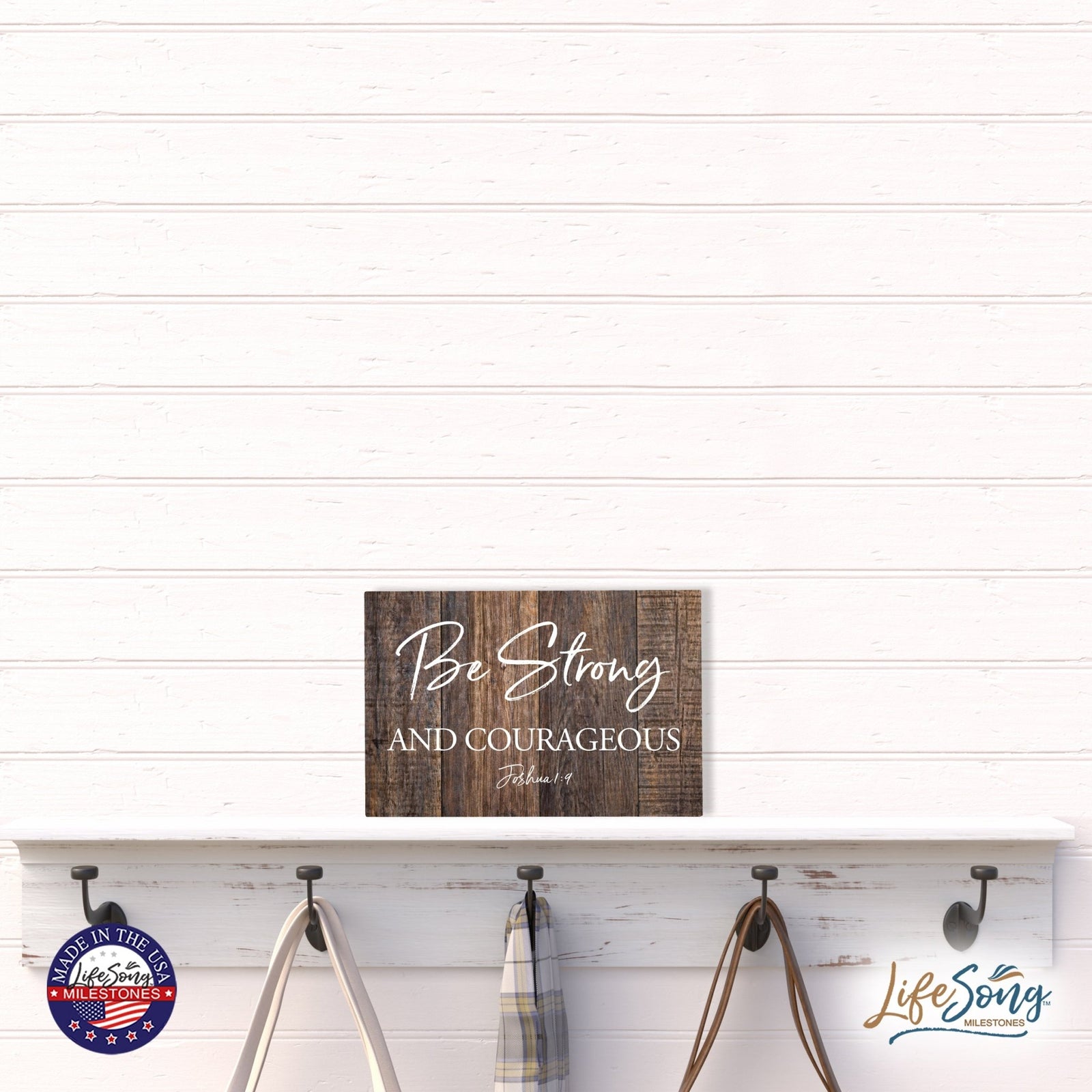 Wood Wall Sign with Inspirational Bible Verse Be Strong & Courageous Table Top Home Office Desk Decoration 5.5x8in - LifeSong Milestones