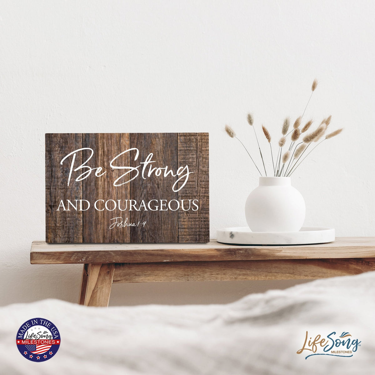 Wood Wall Sign with Inspirational Bible Verse Be Strong & Courageous Table Top Home Office Desk Decoration 5.5x8in - LifeSong Milestones