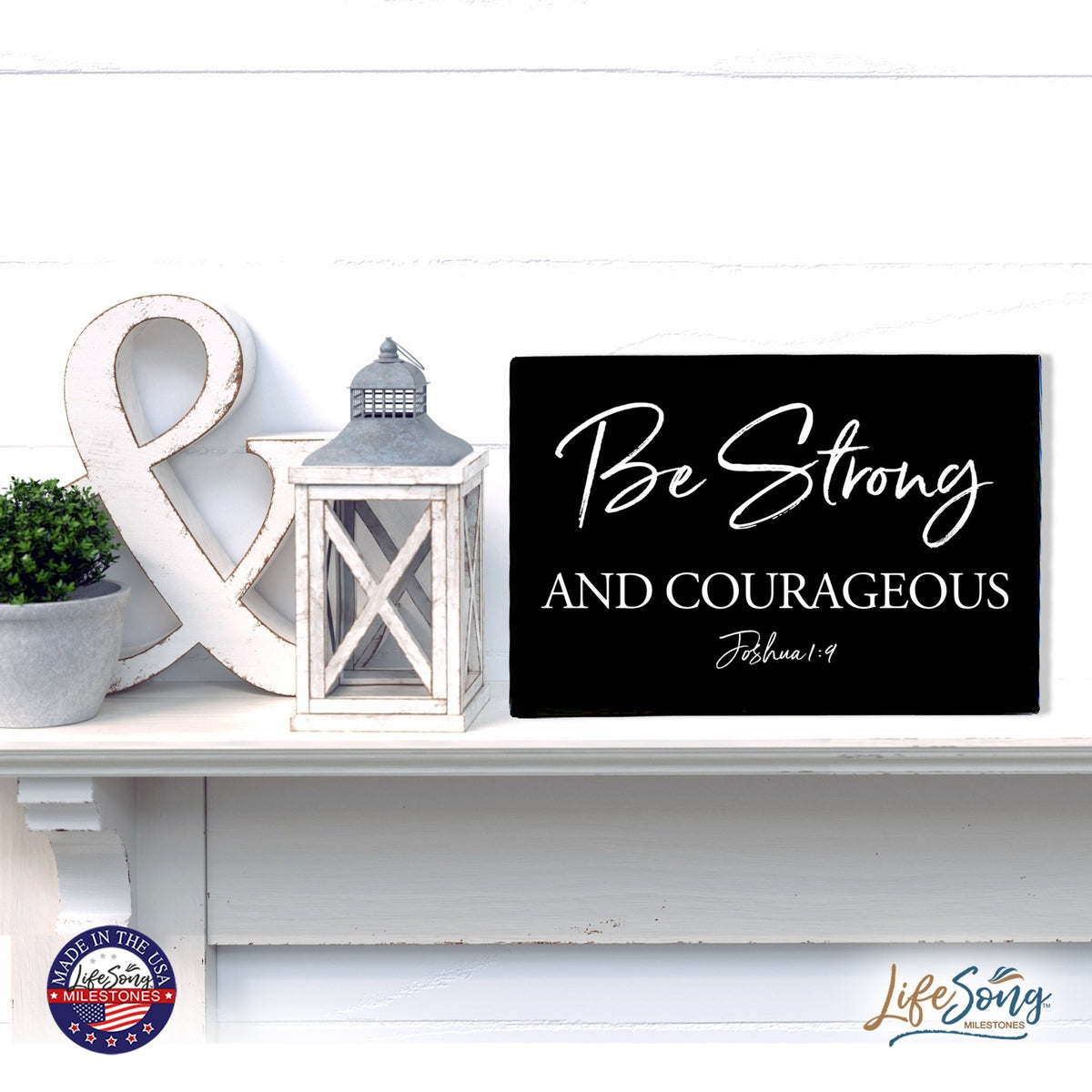 Wood Wall Sign with Inspirational Bible Verse Be Strong & Courageous Table Top Home Office Desk Decoration 5.5x8in - LifeSong Milestones