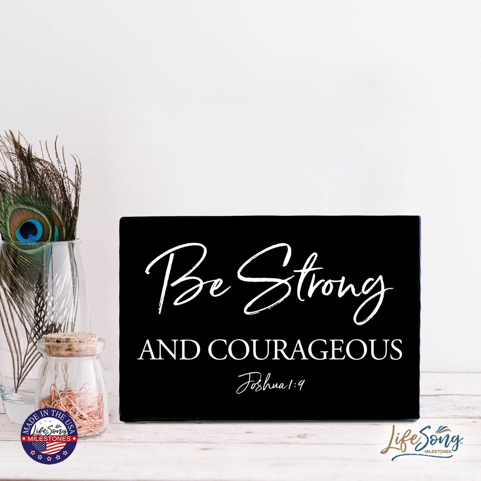 Wood Wall Sign with Inspirational Bible Verse Be Strong & Courageous Table Top Home Office Desk Decoration 5.5x8in - LifeSong Milestones