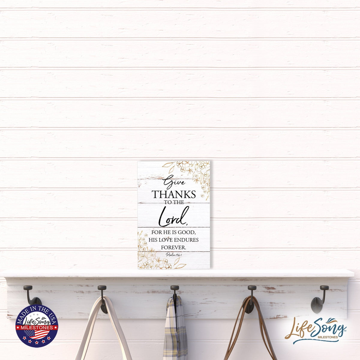 Wood Wall Sign with Inspirational Bible Verse Give Thanks To The Lord Table Top Home Office Desk Decoration 5.5x8in - LifeSong Milestones