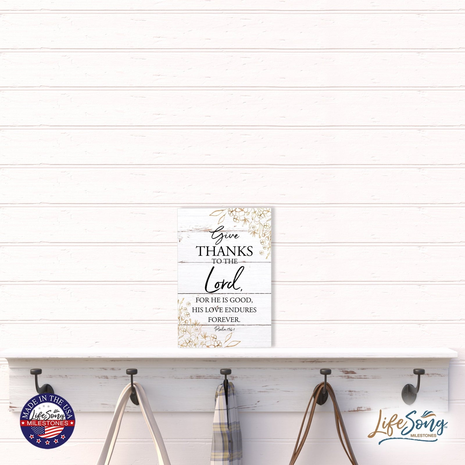 Wood Wall Sign with Inspirational Bible Verse Give Thanks To The Lord Table Top Home Office Desk Decoration 5.5x8in - LifeSong Milestones
