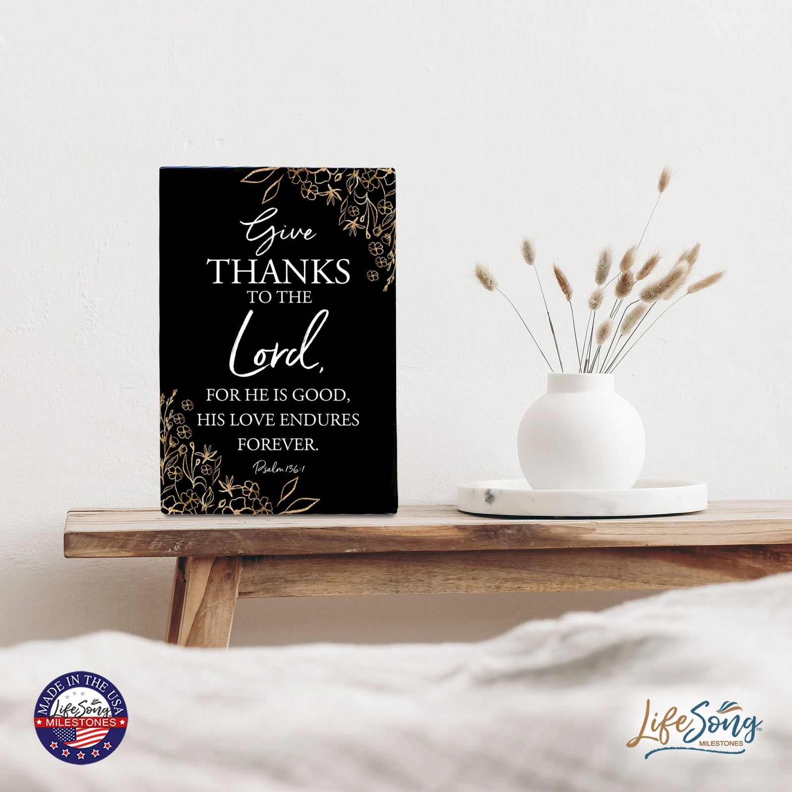 Wood Wall Sign with Inspirational Bible Verse Give Thanks To The Lord Table Top Home Office Desk Decoration 5.5x8in - LifeSong Milestones